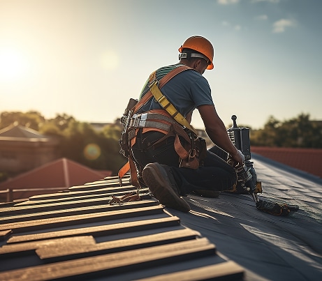 Couvreur avec casque orange et harnais de sécurité installant une toiture métallique sous un soleil éclatant, travail en hauteur concentré.