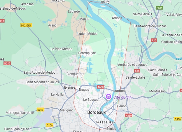 Carte Bordeaux et son agglomération : Médoc à Cenon Carte délimitant la zone de Bordeaux, incluant Blanquefort, Mérignac, Bègles, Cenon, Lormont, Bruges et les localités du Médoc.